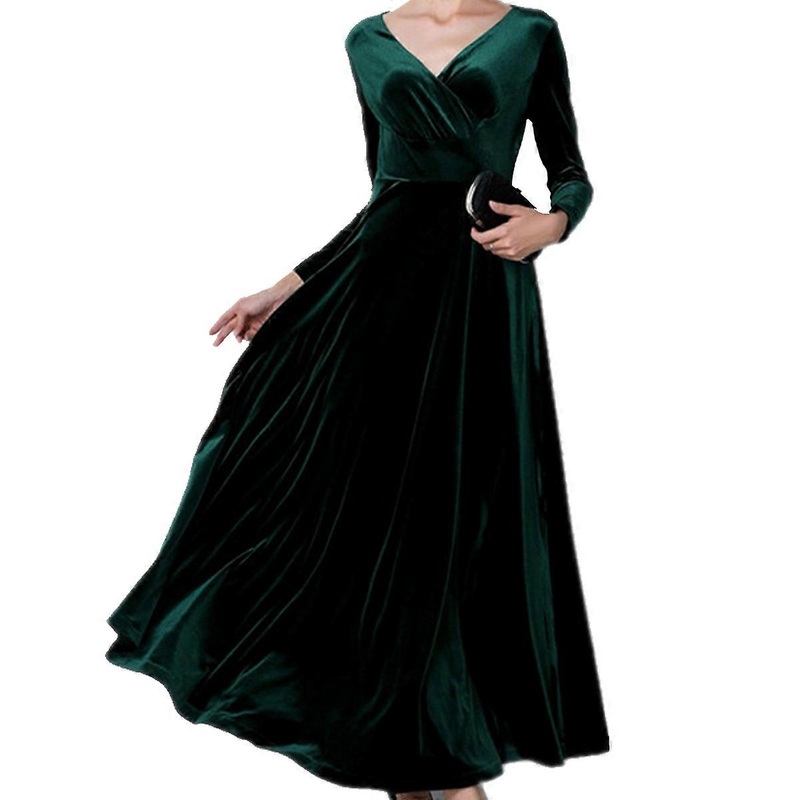 Dress V Neck Long Sleeve Flowy Swing Ankle Length Pleuche Elegant Maxi Dress for Women Atrovirens M | Fruugo SG