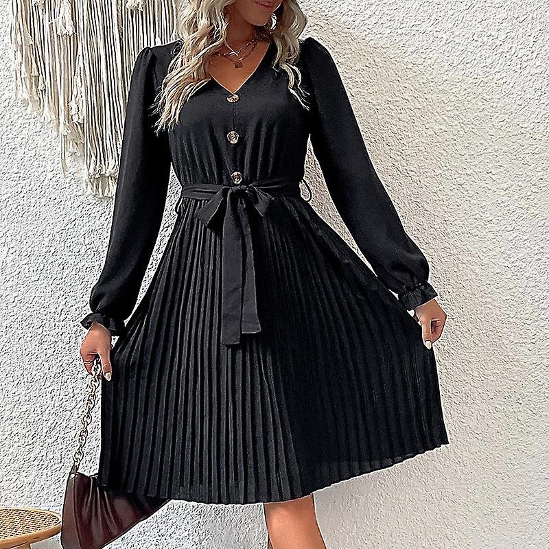 Early Autumn Fashion Pleated Women’s Black V Neck Long Sleeve Lace Up High Waist A Line Dress | Fruugo SG