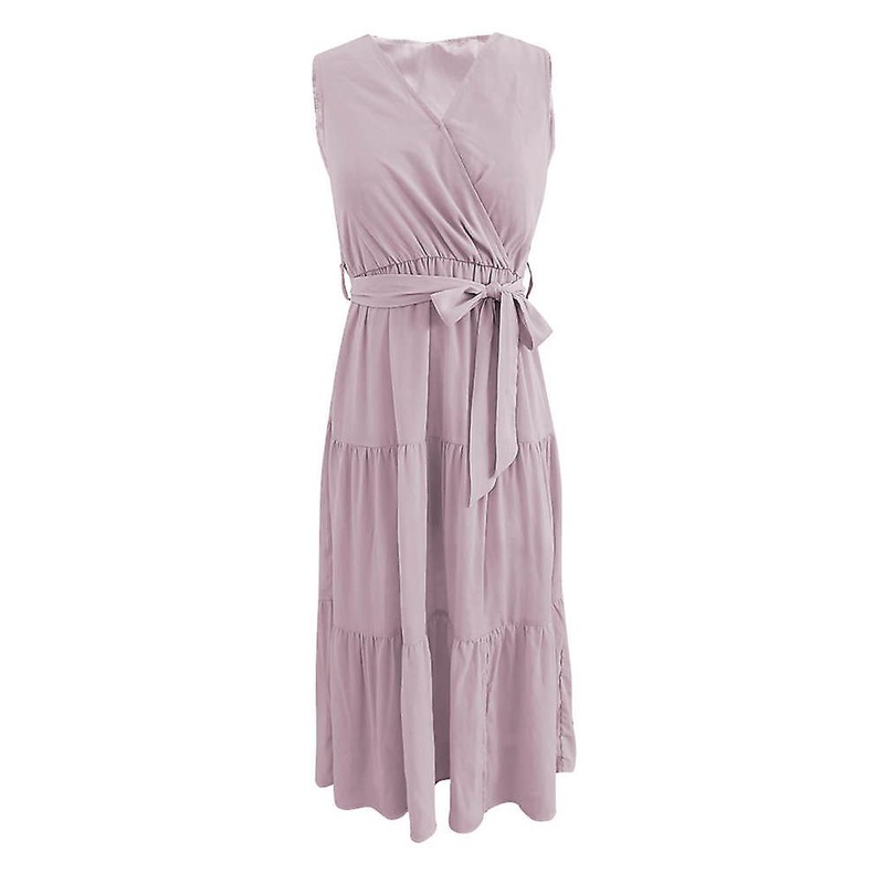 Elegant Sleeveless Swing Dress Spring Summer Women V Neck Lace Up Solid Color | Fruugo SG