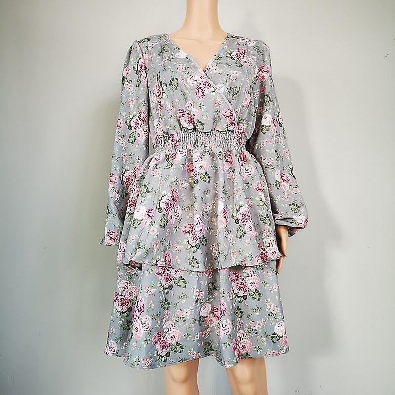 Fall Floral Print Short Dress Women Casual A-line V-neck Full Puff Sleeve High Waist Black S-xl | Fruugo SG