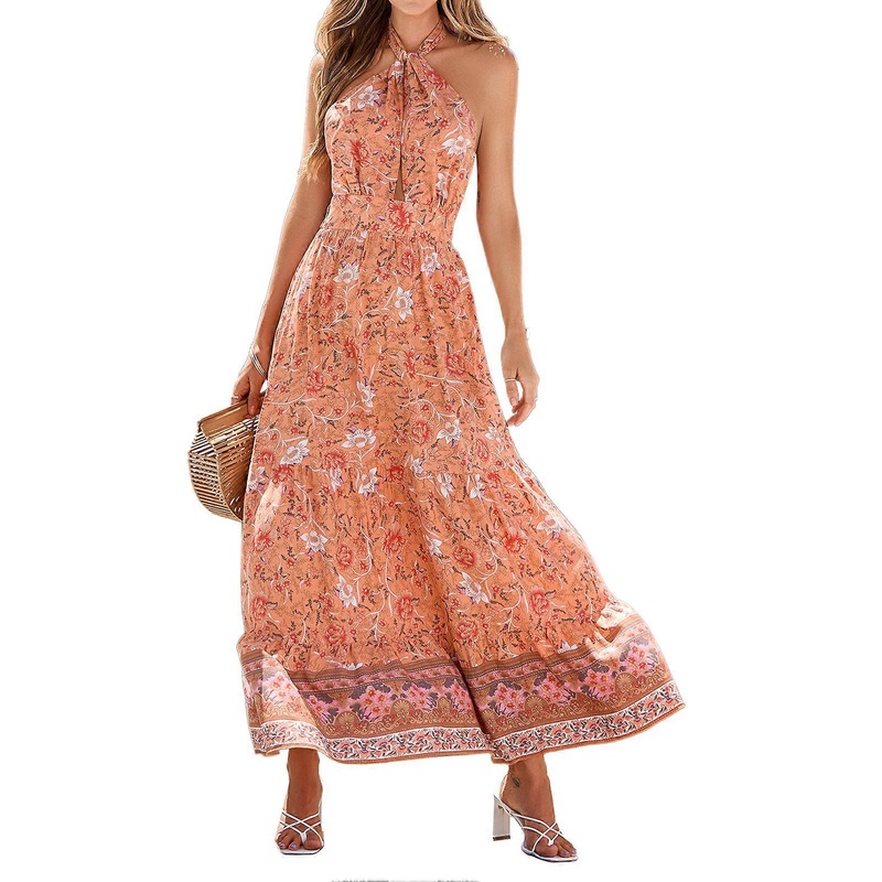 Floral Dress Bohemian Prints Sleeveless Crisscross Backless Design Ruffled Hem Maxi Dress for Wedding Party Holiday | Fruugo SG