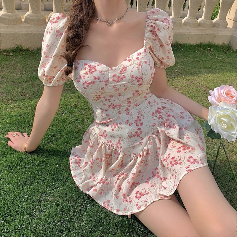 Floral Dress Puff Short Sleeve Irregular Hem Elegant Fashionable Women Summer Dress for Daily Dating Vacation Dress S | Fruugo SG