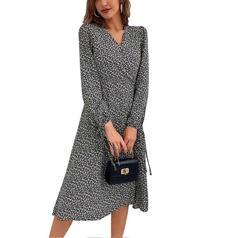Floral Print Dress Long Sleeve A Line V Neck Split Hem Drawstring Cuff Wrap Women Long Dress for Daily Party | Fruugo SG