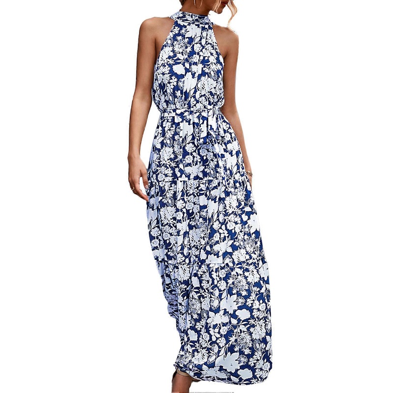 Halter Neck Long Dress Sleeveless Breathable Print Pattern Summer Long Dress for Women Blue S | Fruugo SG