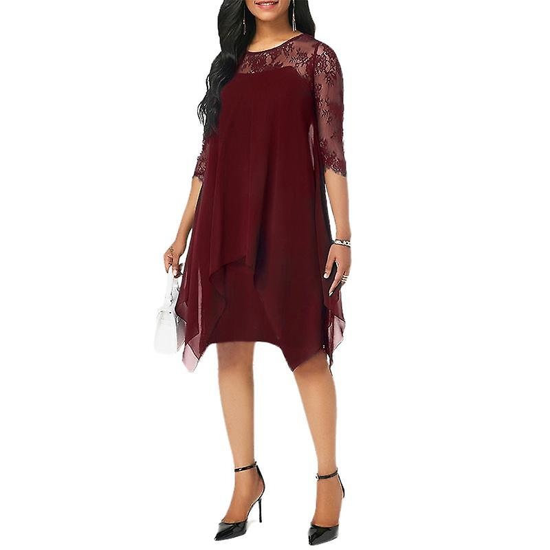 Ladies Lace Panel Three Quarter Sleeve Chiffon Dress | Fruugo SG
