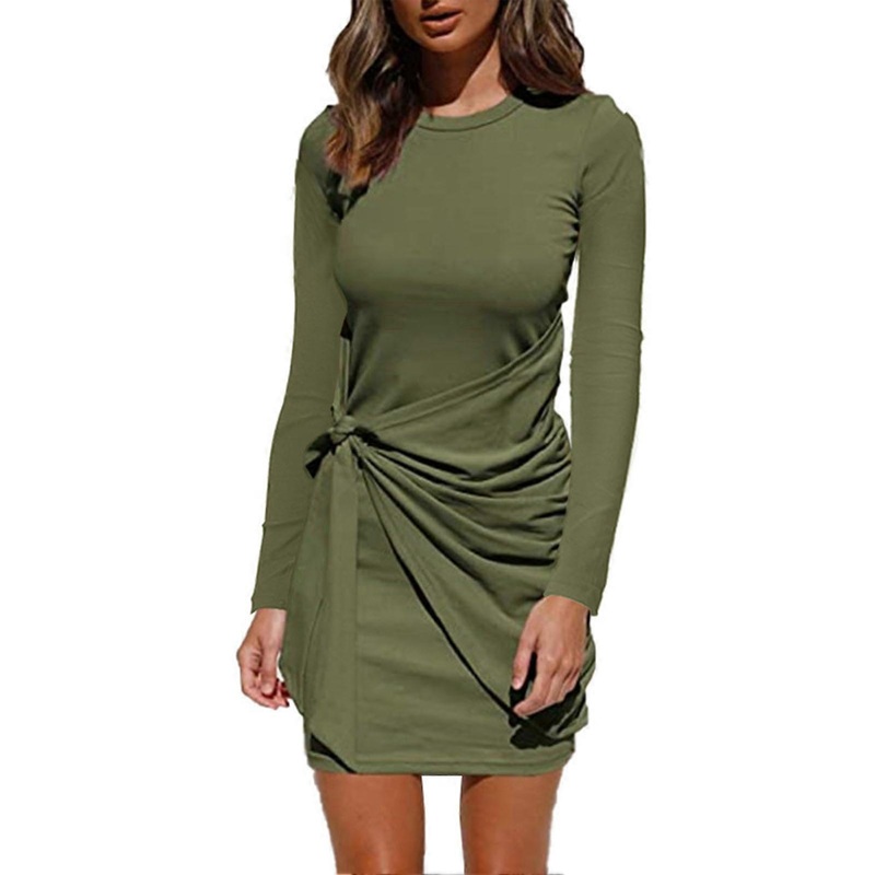 Long Sleeve Dress Slim Fit Round Neck Short Dress Bodycon Belted Slim Fit High Waist for Women Female Girl Green XL | Fruugo SG