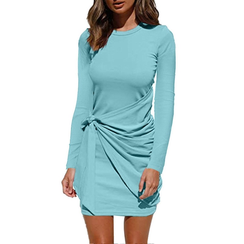 Long Sleeve Dress Slim Fit Round Neck Short Dress Bodycon Belted Slim Fit High Waist for Women Female Girl Pea Green S | Fruugo SG