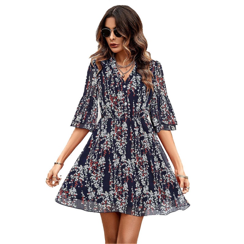 Printed Dress Women V Neck 1/2 Sleeve Polyester Fashion Casual for Spring Summer | Fruugo SG