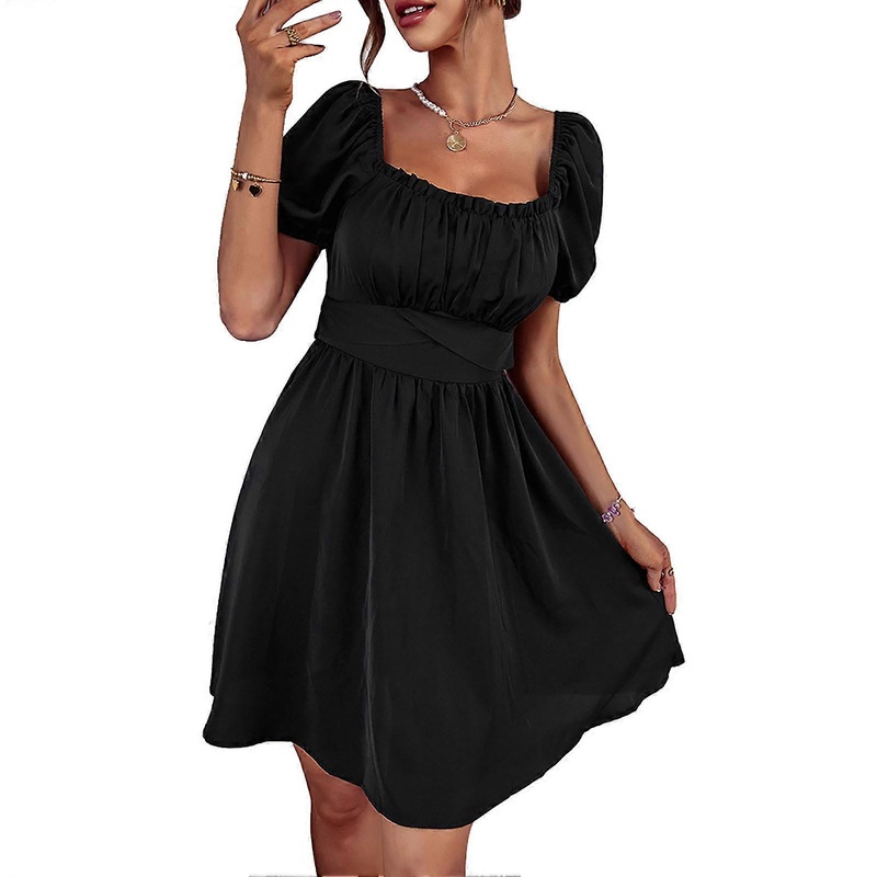 Ruched Frill Trim Dress Tie Back Puff Sleeve A Line Square Neck Short Dress for Summer,Black M | Fruugo SG