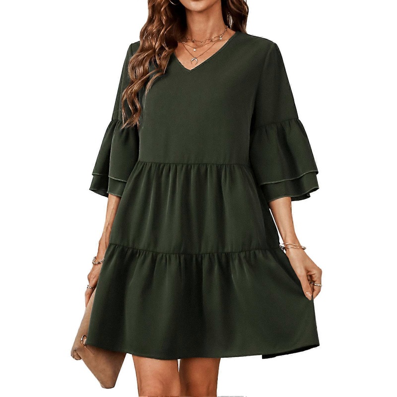 Ruffle Dress V Neck Pure Color Fashionable Stitching Elegant Casual Fit Short Women Ruffle Dress for Dating Dark Green XL | Fruugo SG