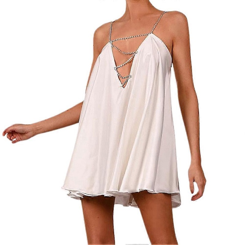 Sexy Halter Dress Crystal Diamond Chain Halter Dress, Sexy V-Neck Backless Satin Dress, White | Fruugo SG