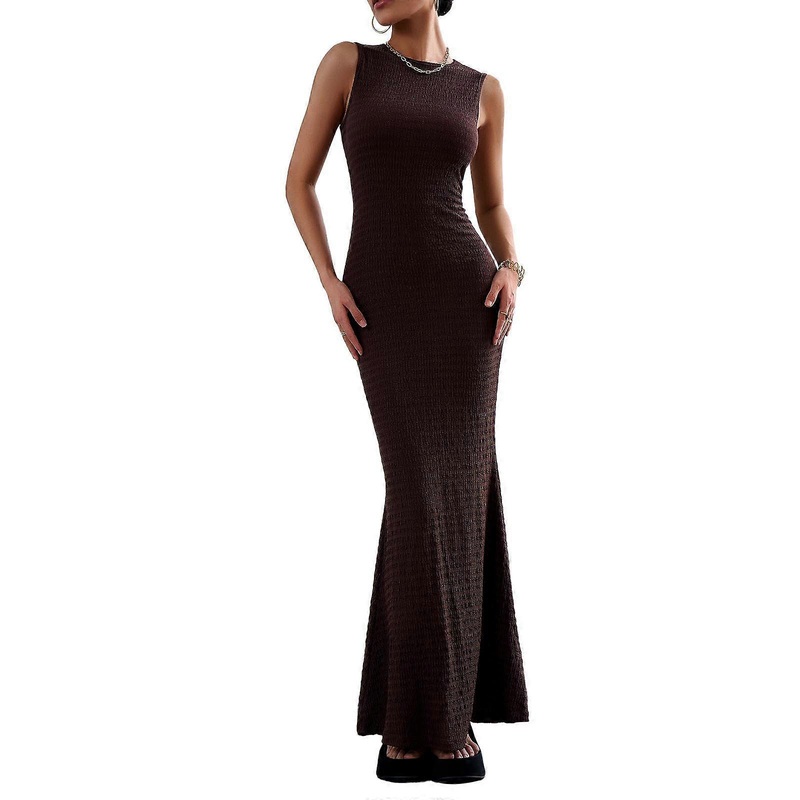 Sexy Round Neck Long Dress Chic Sleeveless Ribbed Bodycon Maxi Dress for Women  Black brown L | Fruugo SG