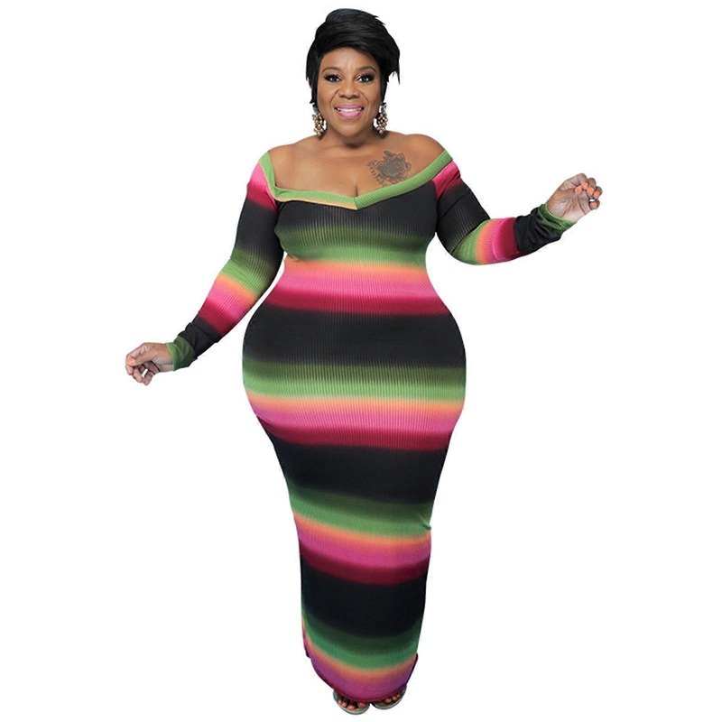 Sexy V-Neck Off Shoulder Women Bodycon Maxi Dress Long Sleeve Gradient Rainbow Striped Package Hip Nightclub Party Gown  Black XXXXL | Fruugo SG