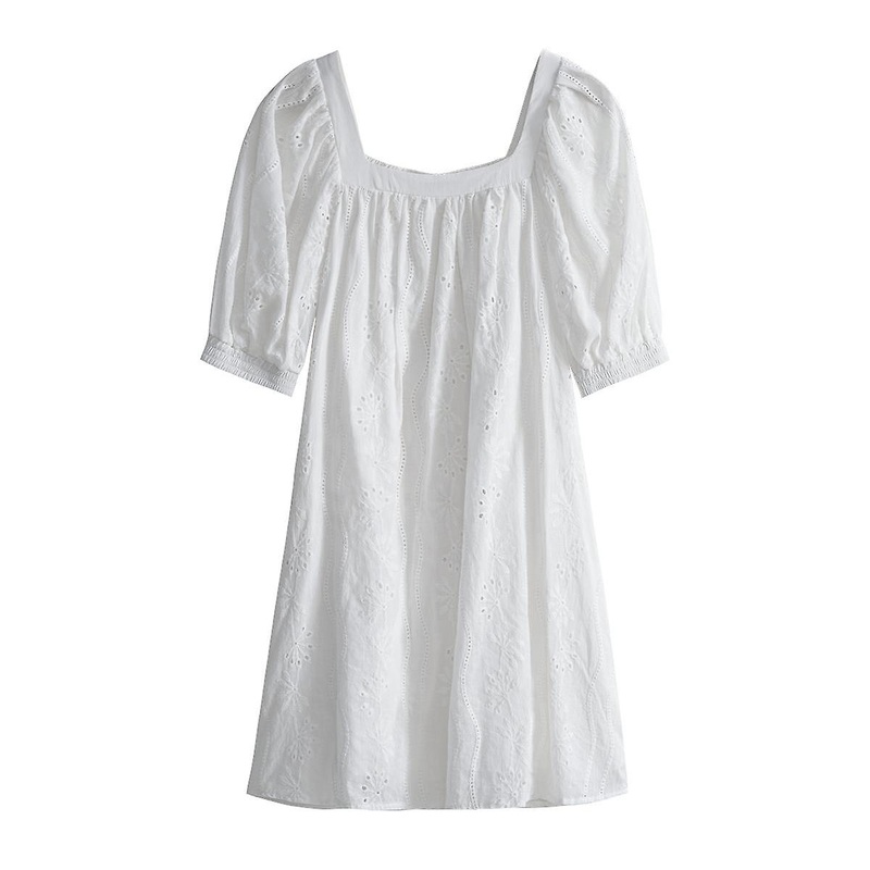 Solid Color Square Neck Short Sleeve Women’s Summer Elegant Cutout Jacquard Short Dress | Fruugo SG