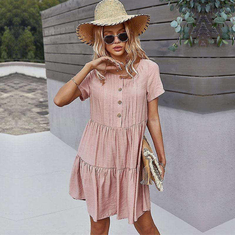 Spring Summer Solid Short Dress Women Casual O Neck Button A Line Apricot Pink Navy Blue S M L Xl | Fruugo SG