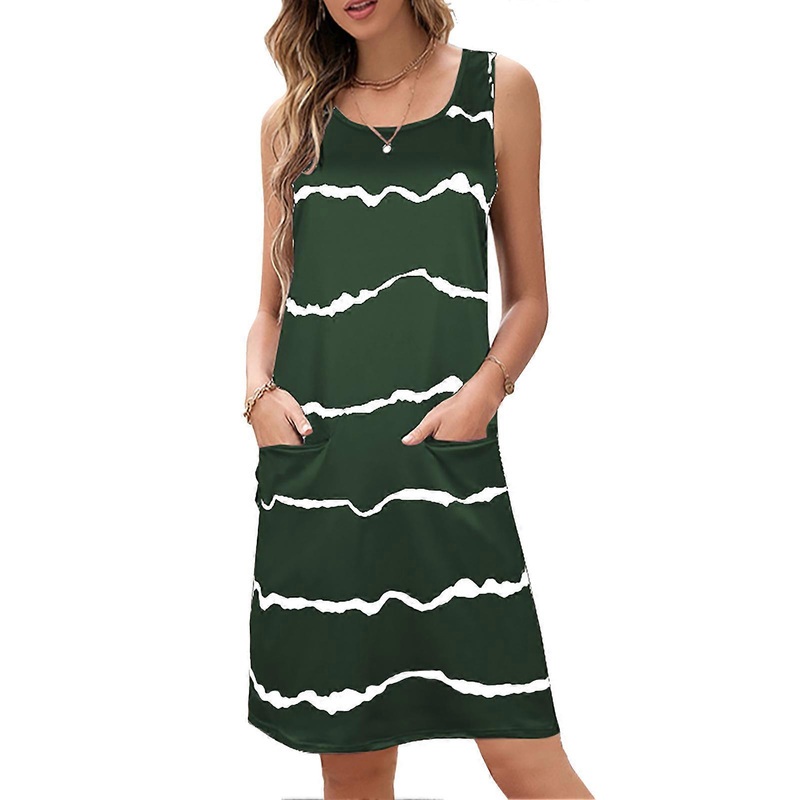 Stripe Sleeveless Dress Casual Loose Sides Pockets Simple Crewneck Summer Stripe Dress OD Green M | Fruugo SG