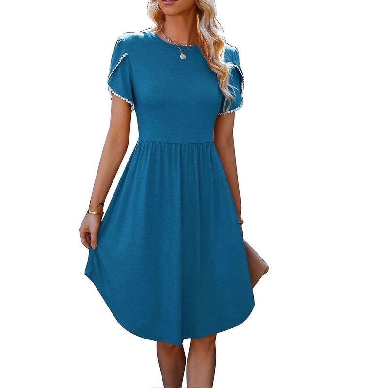Summer Crewneck Midi Dress Women Loose Casual Wrap Hem Lace Short Sleeve Dress for Dating Party Blue L | Fruugo SG