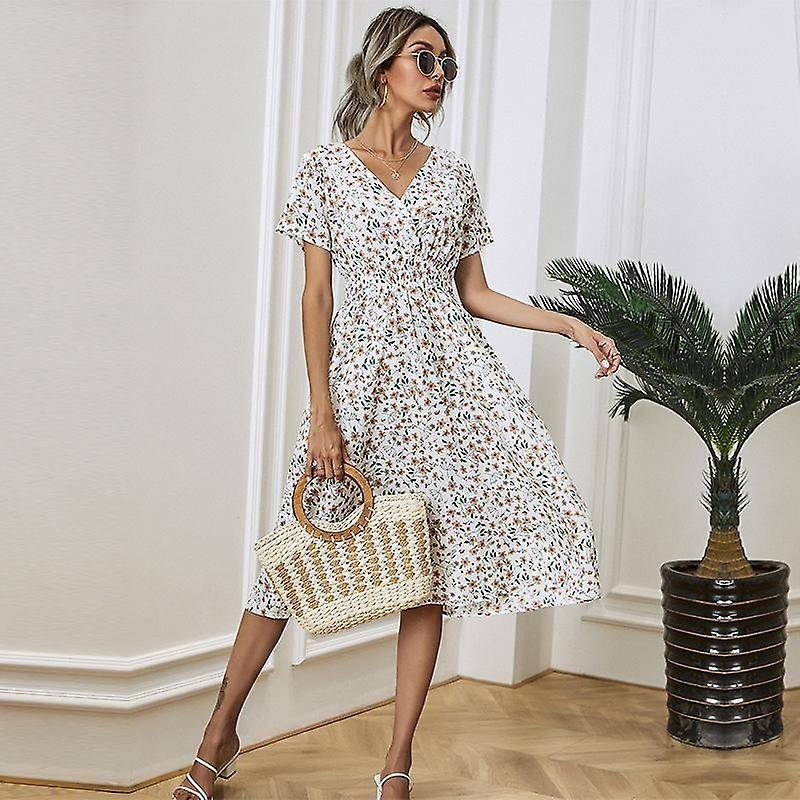 Summer Fall Floral Print Long Dress Women Casual V-neck Short Sleeve High Waist Slim S-xl | Fruugo SG