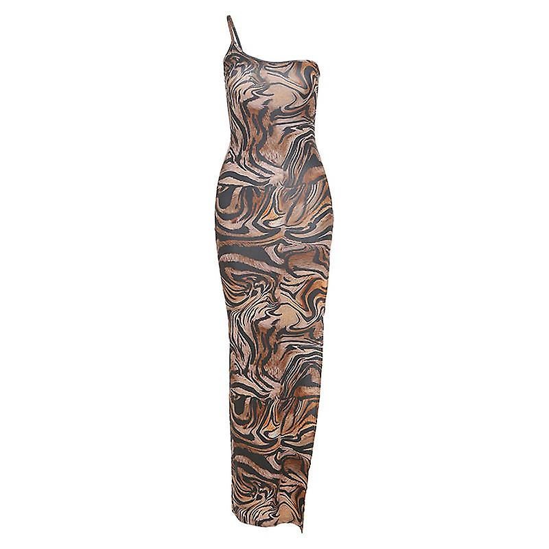 Summer Women Spaghetti Strap Dress Slash Neck Sexy Split Fork Slim Tiger Pattern Khaki Lady Dress | Fruugo SG