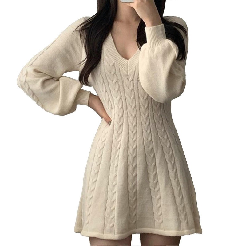Sweater Dress V Neck Long Sleeve Elegant Exquisite Women Knitted Sweater Dress for Daily Life | Fruugo SG