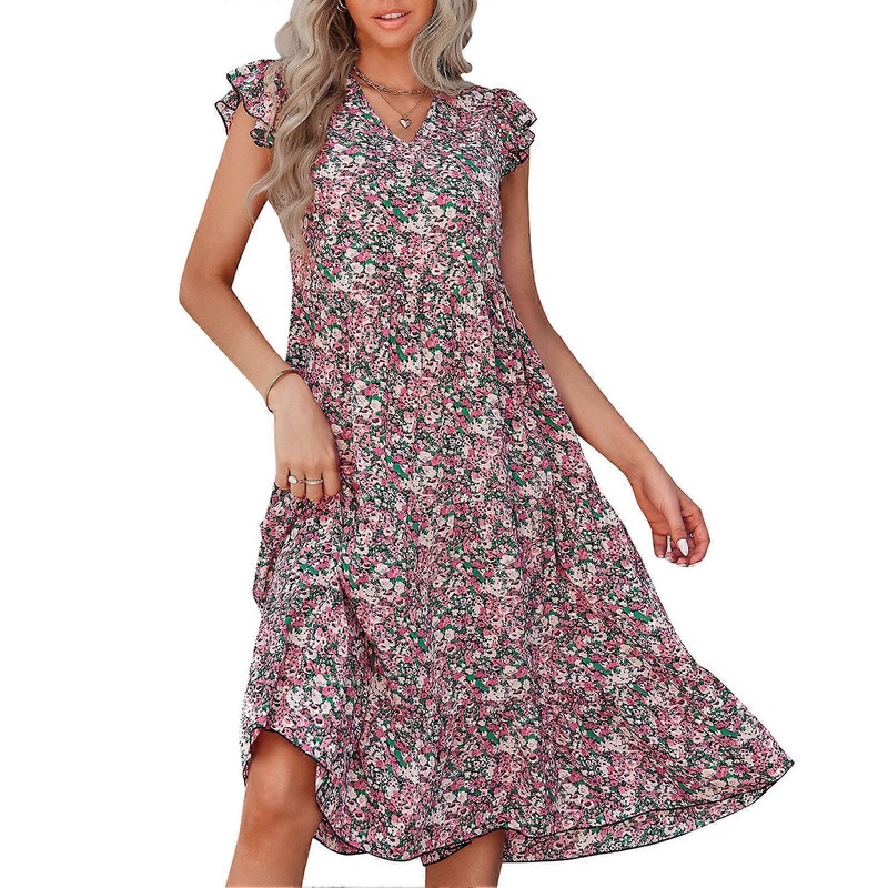 V Neck Floral Print Dress Women Summer Breathable Loose Hem Short Ruffle Sleeve A Line Dress Purple XL | Fruugo SG