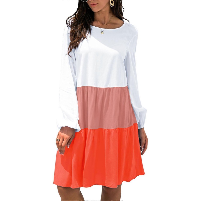 Woman Long Sleeved Dress Color Block Round Neck Flowy Tiered Loose Fit Flowy Pleated Swing Dress Orange L | Fruugo SG
