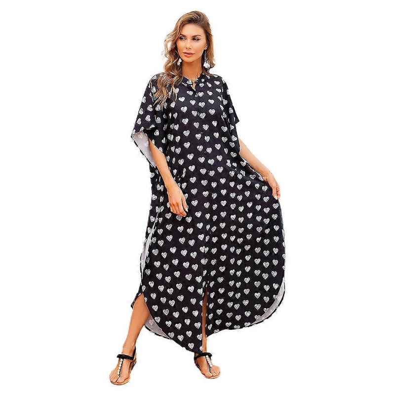 Women Button Beach Shirt Dress Heart Print Loose Long Kaftan Swimsuit Cover Up  One Size Black | Fruugo SG