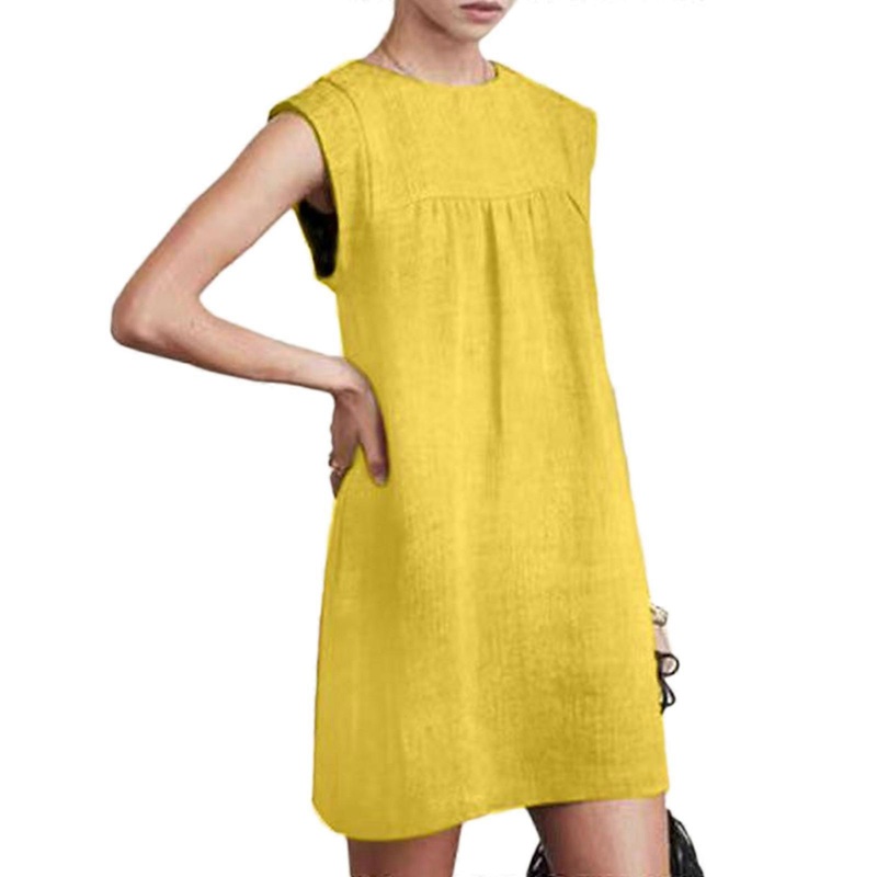Women Daily Summer Dress Solid Color Cotton Linen Ruffle Midi Length Sleeveless Round Neck Dresses for Daily Office  Yellow XL | Fruugo SG