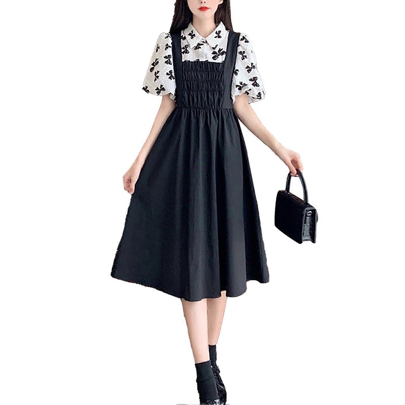 Women Dress Short Puff Sleeve Turn Down Collar Elastic Waist Fake Two Pieces Dress for School Party Daily | Fruugo SG