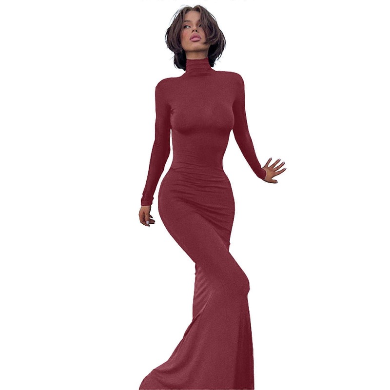Women Elegant Half Turtleneck Bodycon Dress with Long Sleeves Solid Color Flared Hem Maxi Dresses for Autumn and Winter  Burgundy L | Fruugo SG
