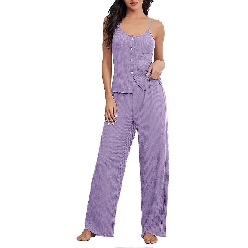 Women Home Clothes Spaghetti Strap U Neck Button Top and Trousers Two Pieces Sleeveless Loungewear | Fruugo SG