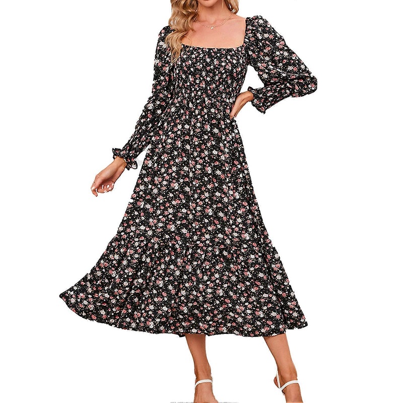 Women Long Dress Square Neck Shirred Dress Long Sleeve Floral Print Dress Ruffle Hem Dress Black S | Fruugo SG