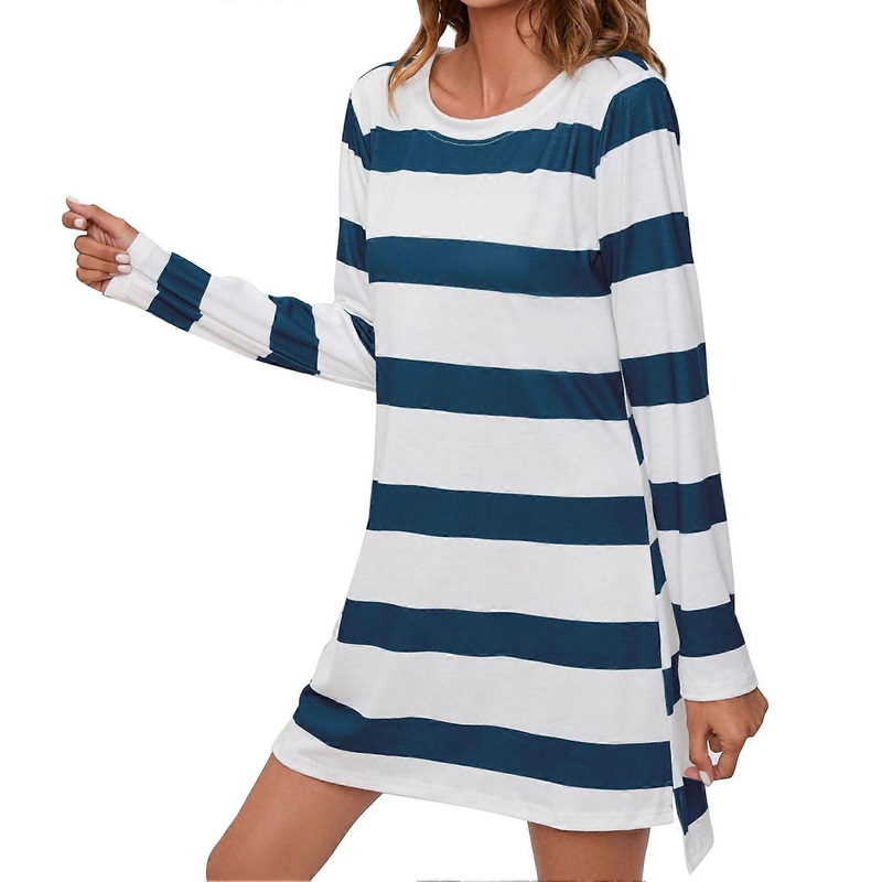 Women Nightgown Long Sleeve Striped Print Crewneck Breathable High Low Hem Pajama Dress for Lady Girls | Fruugo SG