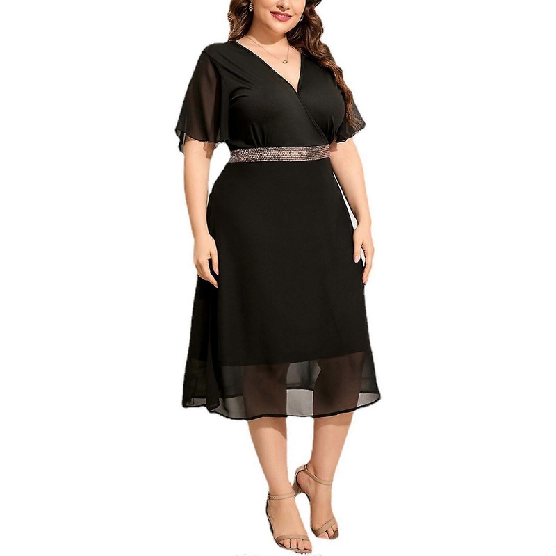 Women Plus Size Flared Short Sleeve Sexy Wrap V-Neck Midi Long Swing Dress Double Layer Chiffon Glitter Sequins Empire Waist A-Line Flowy Streetwear  | Fruugo SG