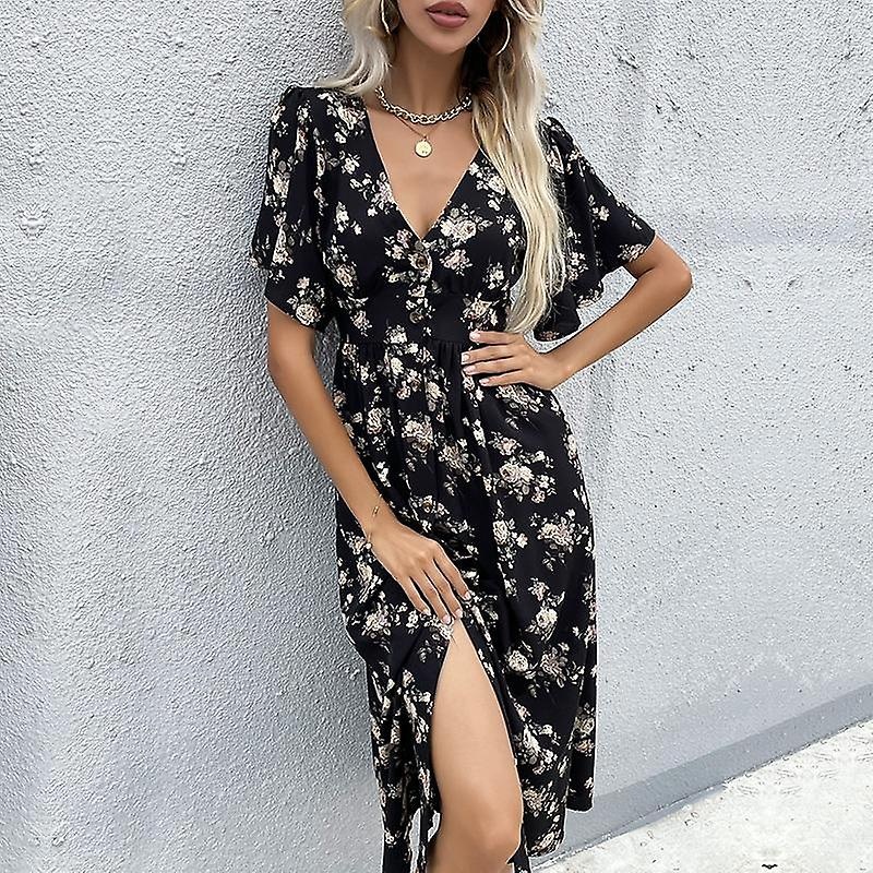 Women’s Summer V Neck Short Sleeve Causal A Line Floral Black  Printed Dress S-xl | Fruugo SG