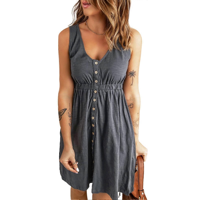 Women Short Dress V Neck Front Single Breasted Elastic Waist Sleeveless Dress for Summer Wear Dark Gray M | Fruugo SG
