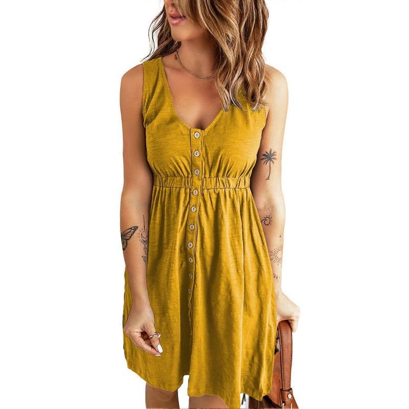 Women Short Dress V Neck Front Single Breasted Elastic Waist Sleeveless Dress for Summer Wear Yellow L | Fruugo SG
