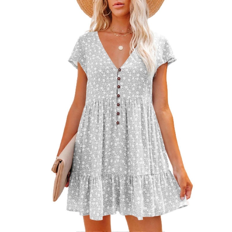 Women Short Sleeve V Neck Dress Button Front Floral Print Summer Loose Casual Swing Dress | Fruugo SG