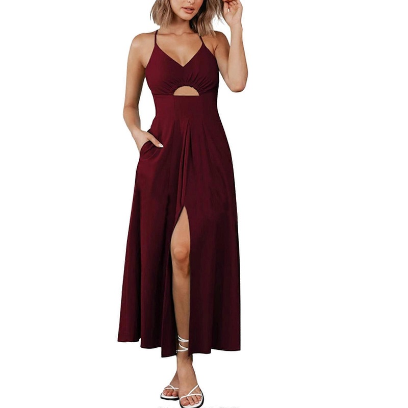 Women Spaghetti Strap V-Neck Cutout Front Split A-Line Maxi-Long Dress Smocked Backless Beach Party Dresses with Pockets  Burgundy S | Fruugo SG