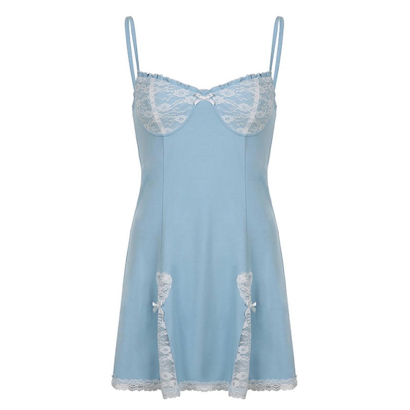 Women Summer Sexy Spaghetti Strap Low Cut V-Neck Mini Dress Sweet Aesthetic Bowknot Retro Lace Patchwork Solid Color Party Clubwear  Blue S | Fruugo SG