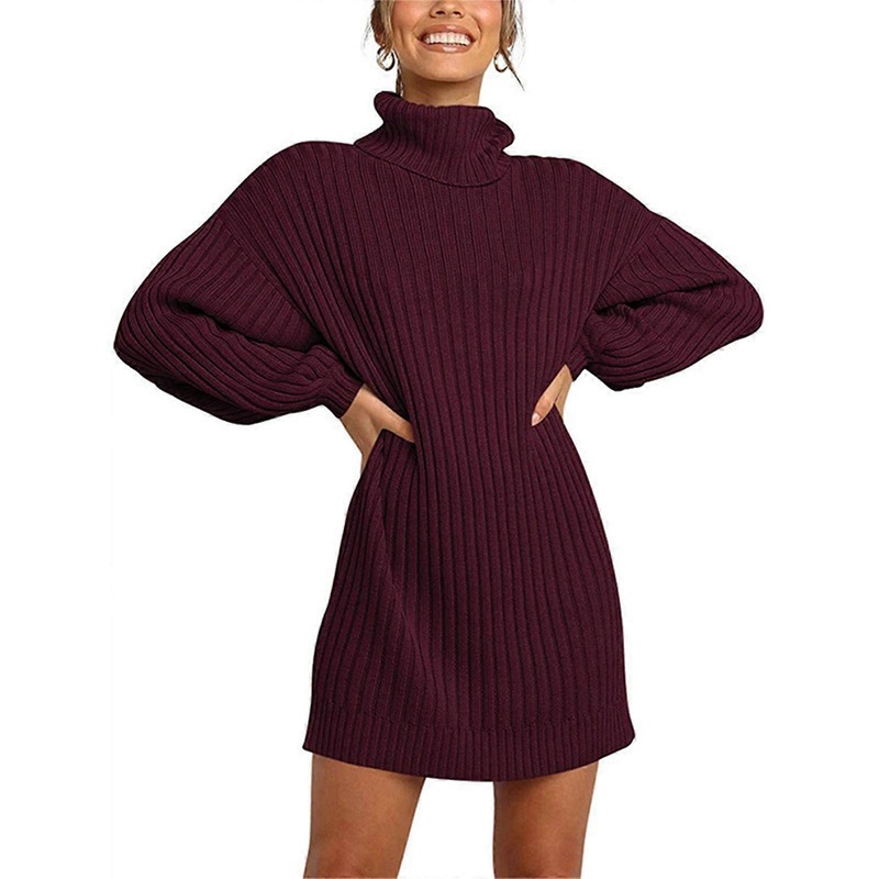 Womens Balloon Long Sleeve Turtleneck Sweater Dress Ribbed Knitted Casual Loose Solid Color Midi Sheath Jumper Dresses  Burgundy XXXL | Fruugo SG