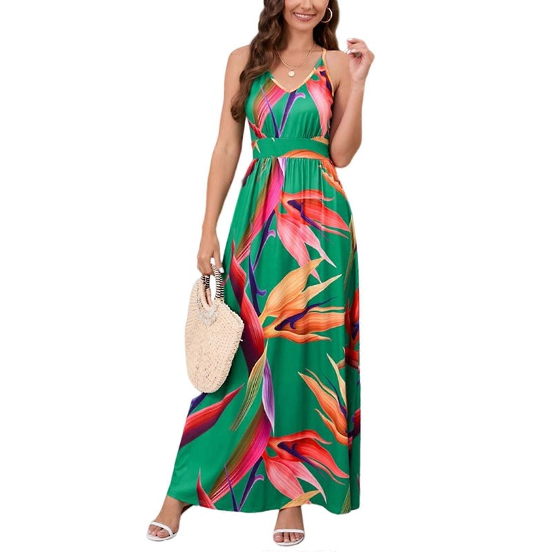 Womens Causal Summer Dress Spaghetti Strap Floral Print Sleeveless High Waist Beach Long Maxi Dresses  Green L | Fruugo SG