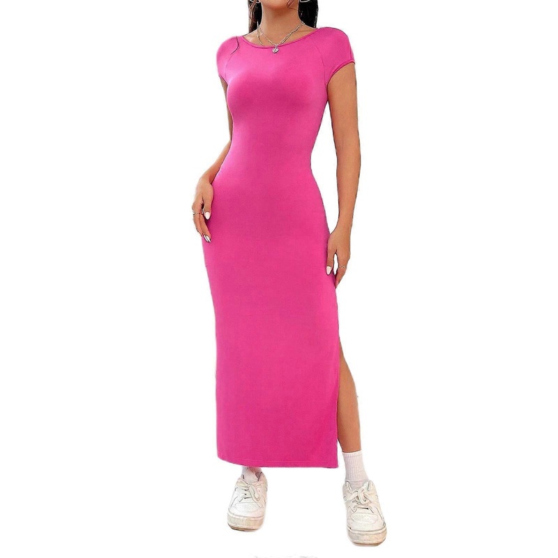 Womens Summer Short Sleeve Sexy Backless Midi Long Bodycon Dress Round Neck Solid Color Side Split A Line Party Dresses  rose Red XL | Fruugo SG