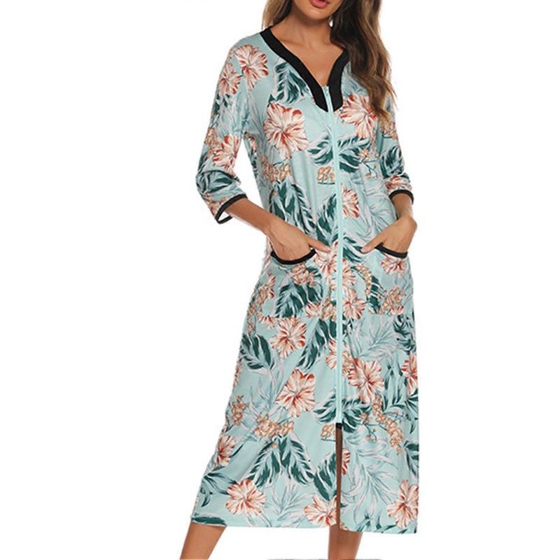 Zipper Nightgown 3/4 Sleeve for Women V Neck Loose Printed Nightdress with Pocket for Sleep Relax | Fruugo SG