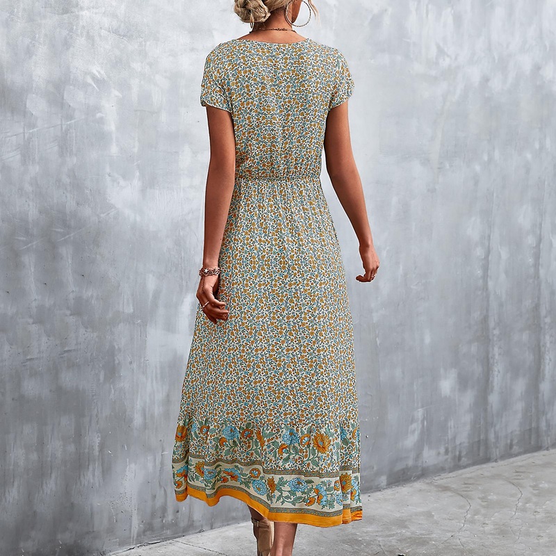Apricot Floral V-Neck Short Sleeve Dress – Breathable Button Front Summer Long Dress, S | Fruugo SG