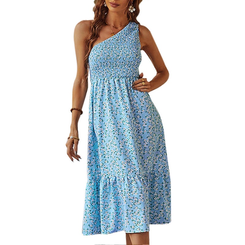Blue Floral One-Shoulder Dress – Casual Sleeveless Shirred Splicing Hem Summer Dating Outfit, M | Fruugo SG