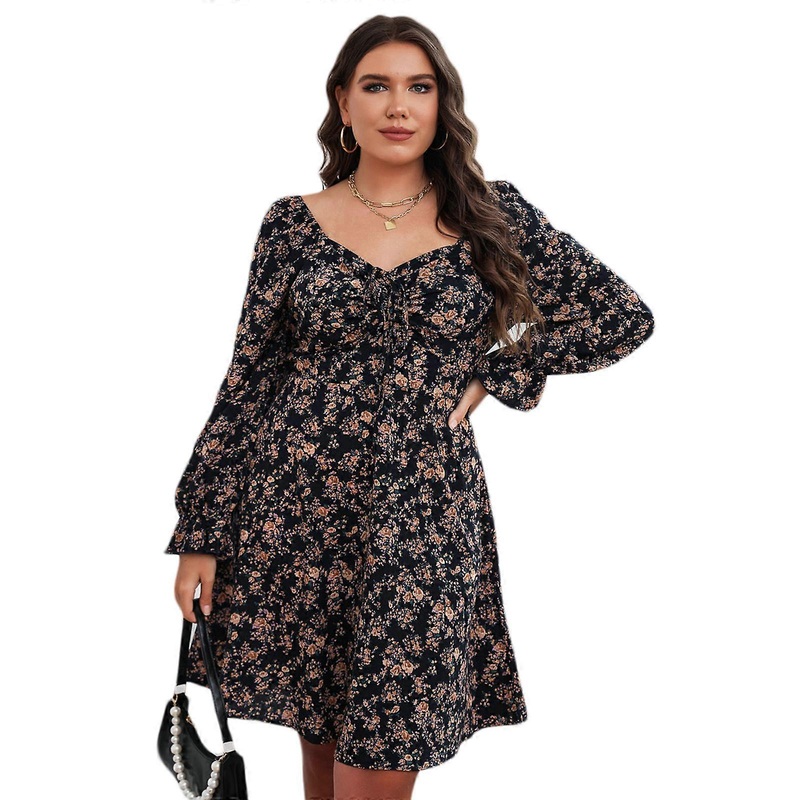 Breathable Women Long Sleeve Bohemian Style V Neck Oversize Evening Party Dress Floral Print Ladies Wedding Dress  Black XL | Fruugo SG