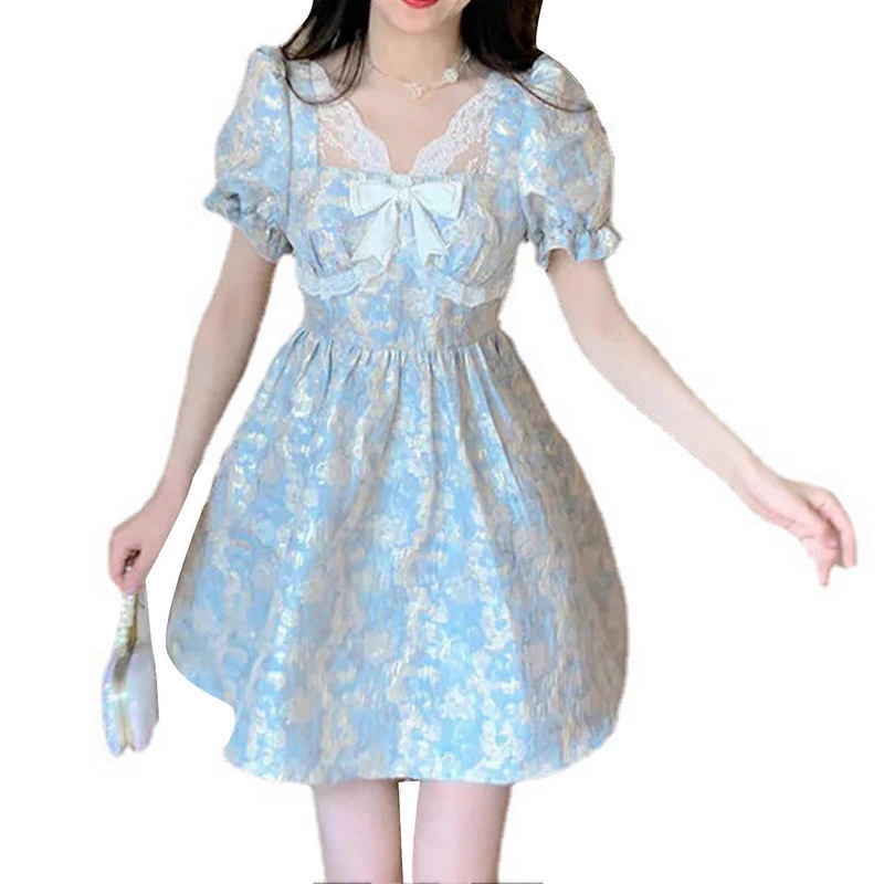 Bubble Sleeve Dress Bow Tie Front Dress Lace Decoration A Line Girls Short Dress for Summer | Fruugo SG