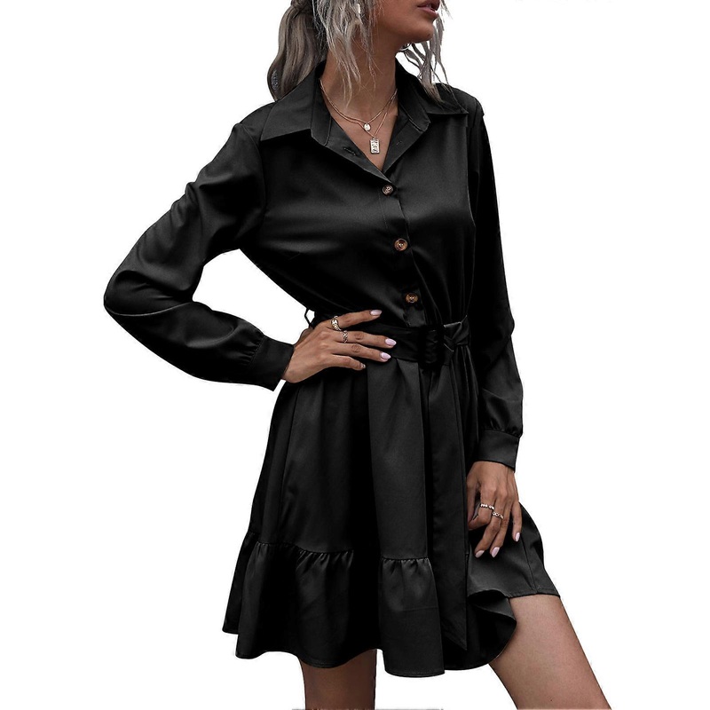 Casual Button Down Shirtdress Lapel Long Sleeve Tie Waist Ruffled Mini Shirt Dress for Office Black XL | Fruugo SG