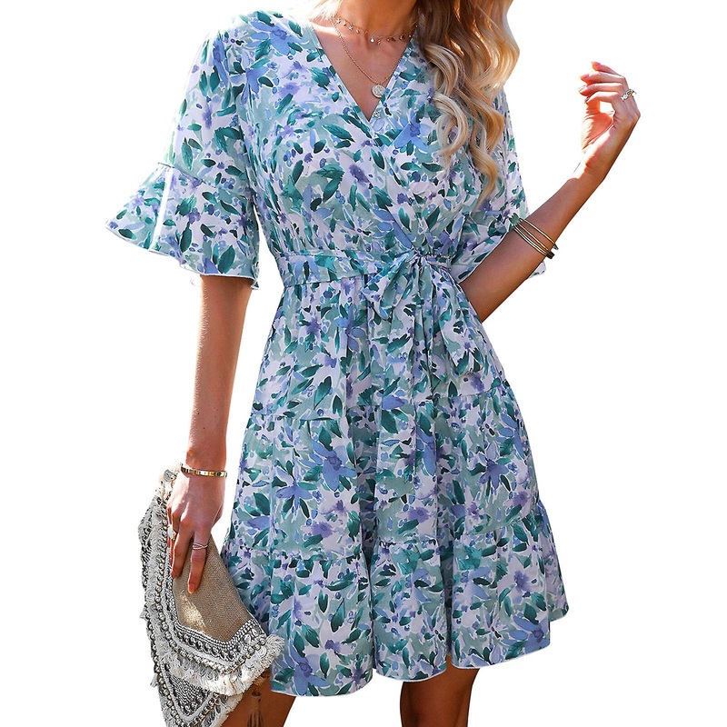 Chic Blue Flower Wrap V-Neck Dress – Stylish Short Ruffle Sleeve Belted A-Line Floral Print Outfit, M | Fruugo SG